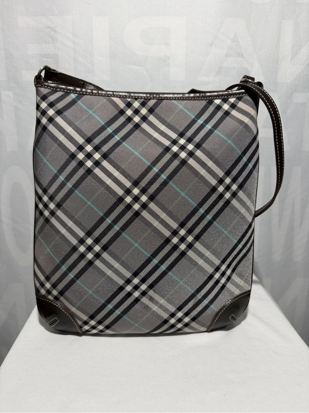 Burberry Gray & Black Plaid Canvas Messenger Bag with Blue Stripe & Brown Trim